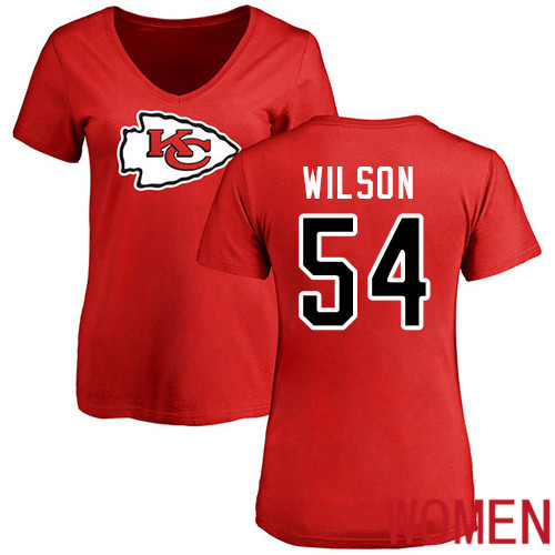 Women Kansas City Chiefs #54 Wilson Damien Red Name and Number Logo Slim Fit NFL T Shirt->nfl t-shirts->Sports Accessory